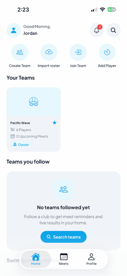 LastLap Live app home with your teams